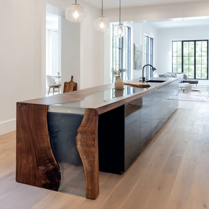 sleek black walnut epoxy waterfall table for modern kitchens in los angeles