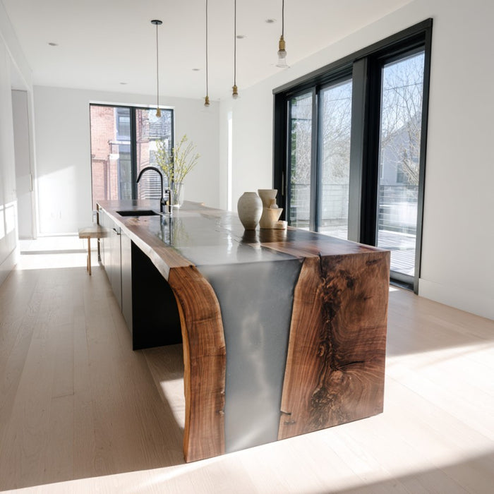 natural black walnut clear epoxy waterfall table for american kitchens in los angeles