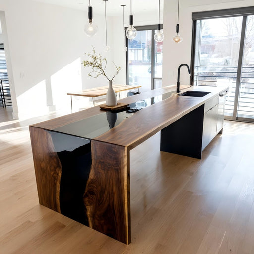 sleek wooden epoxy waterfall table for american kitchens in california