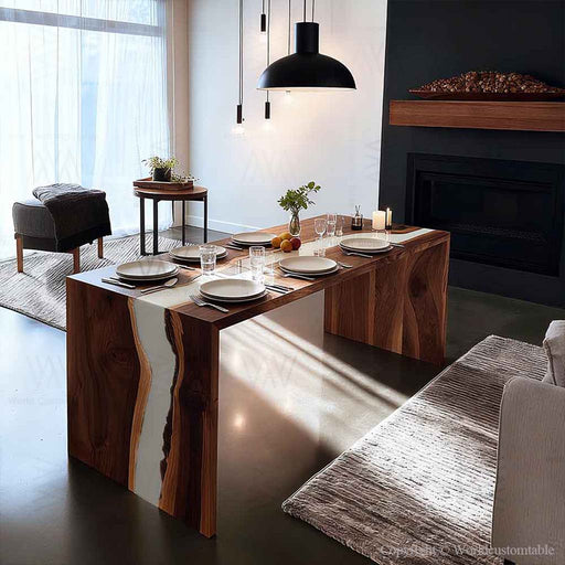 wooden white epoxy waterfall table for modern kitchens in san francisco