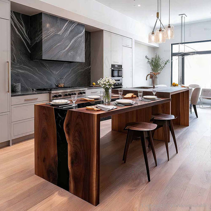 black walnut wood epoxy waterfall table for kitchens & dinning rooms in atlanta
