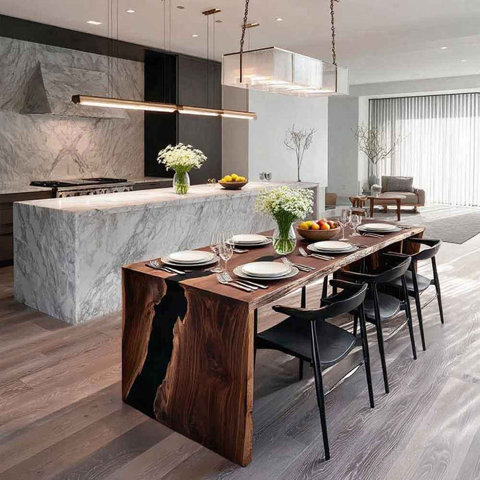 solid wood black resin epoxy waterfall table for dinning spaces in atlanta