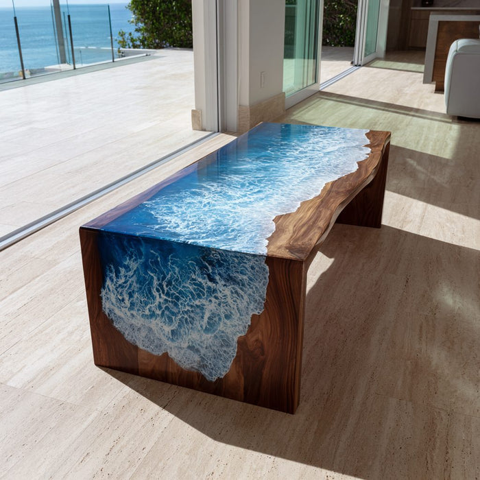 black walnut seawaves epoxy waterfall table for kitchens & living rooms in miami