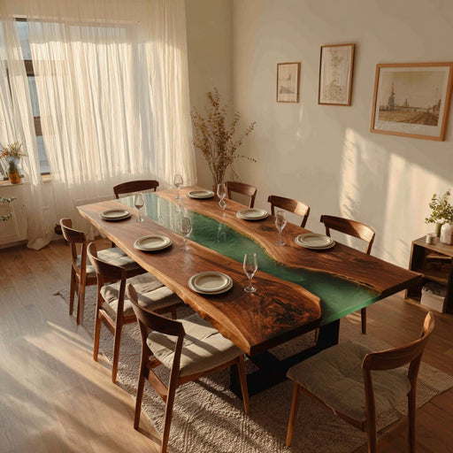 square walnut wood green epoxy dinning table for kitchens & living spaces in san francisco