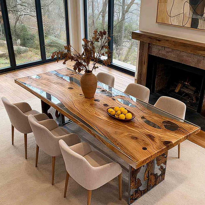 long square wooden epoxy dinning table for vintage homes in texas