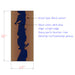 Diagram of a wooden panel with blue resin design, labeled with specifications.