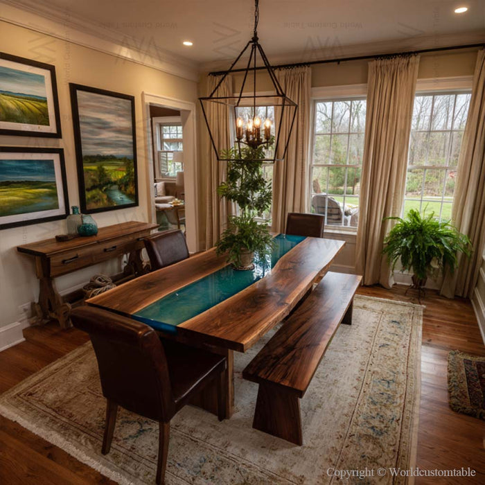 vintage epoxy resin table with wooden bench for living spaces in austin