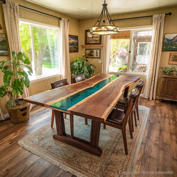 square walnut wood epoxy resin table for dinning & living spaces in austin