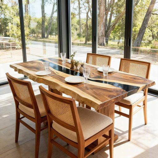 rustic walnut wood back epoxy dinning table for homes in Pennsylvania