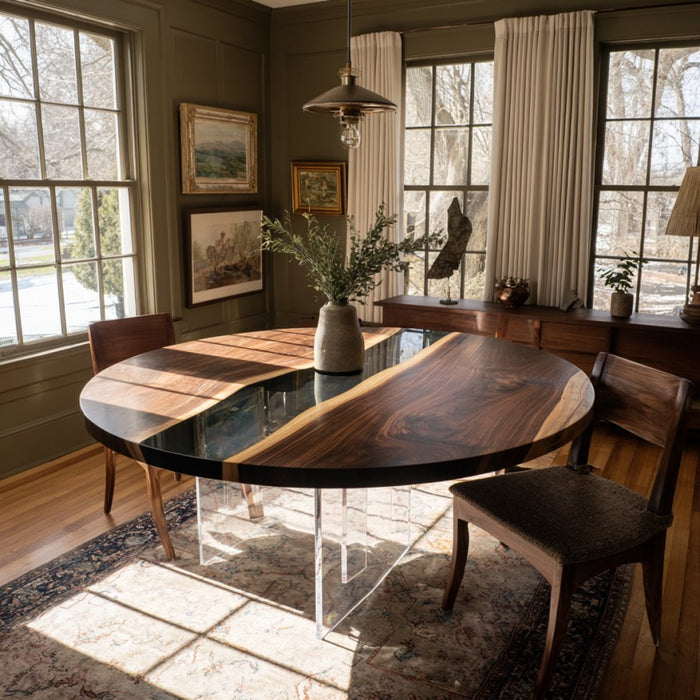 premium round wooden clear epoxy resin table for dinning & living spaces in california