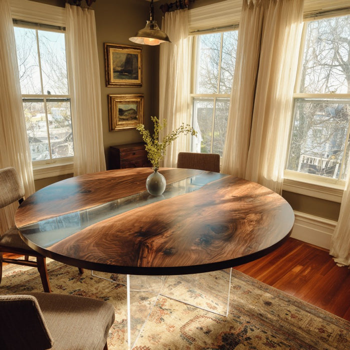 wooden clear eoxy dinning table fpr vintage homes in california