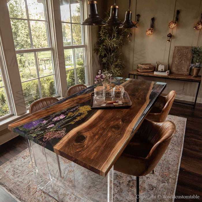Black walnut epoxy table with floral inlay, perfect for luxury New York apartments.