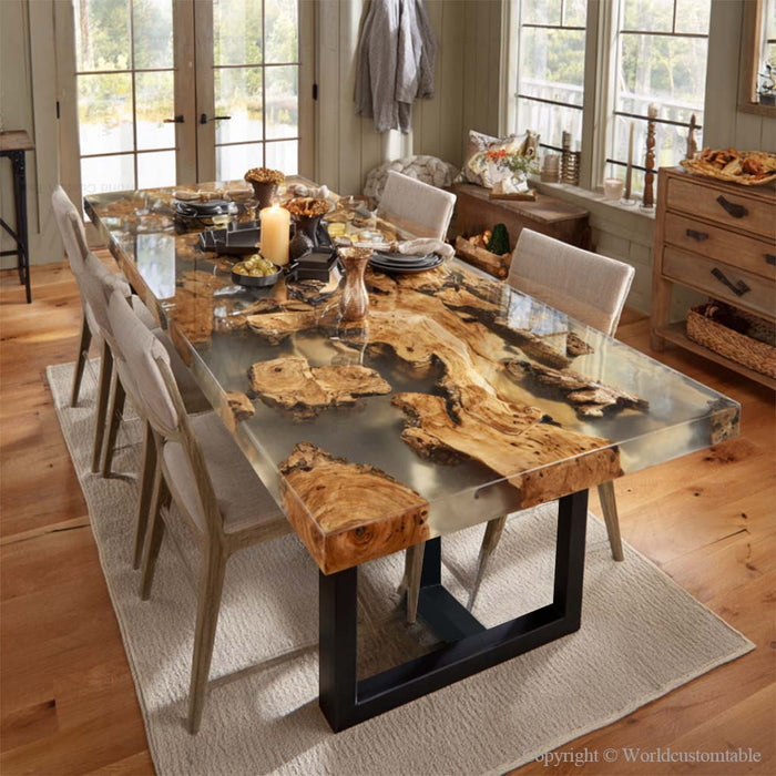 Modern square epoxy olive wood dining table in dining space