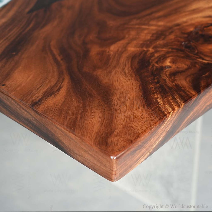 Organic edge epoxy dinning table styled in a modern home