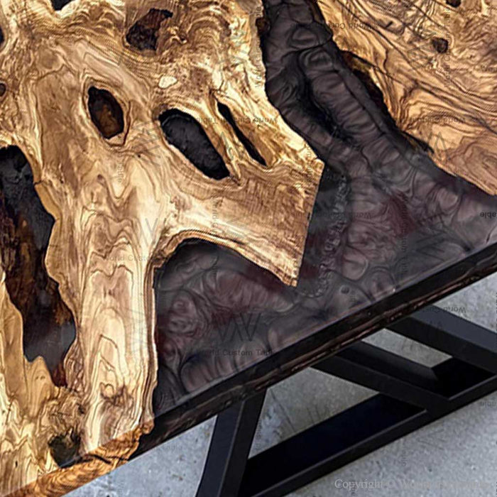Custom epoxy dining table with black swirl resin in contemporary home