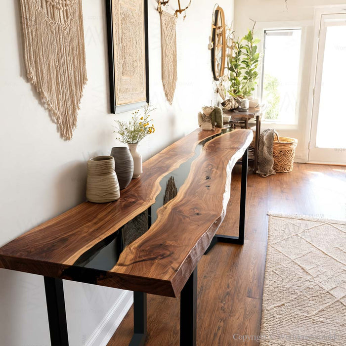 Living room black walnut epoxy console table with sleek resin