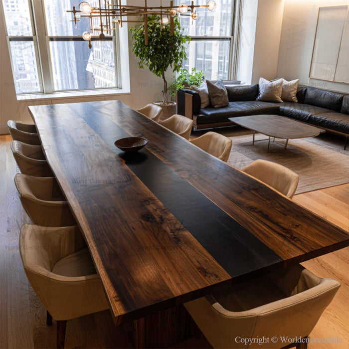Detailed view of natural black walnut texture with epoxy inlay