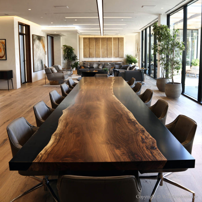 Detailed view of natural walnut texture with black epoxy inlay