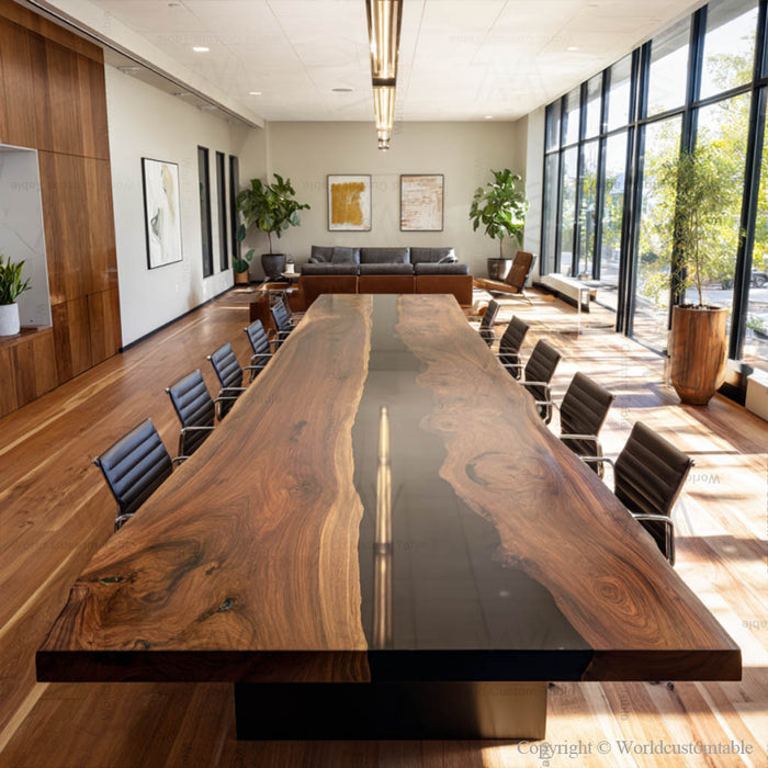 Luxury handcrafted black walnut epoxy conference table in boardroom