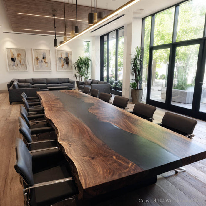 Modern executive conference table made from black walnut and black epoxy