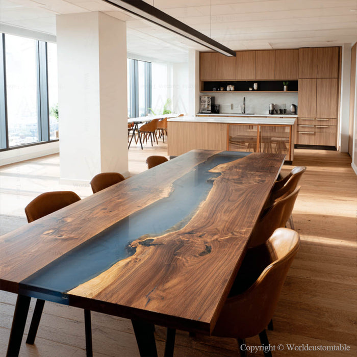 Detailed view of natural walnut wood with smooth blue epoxy surface