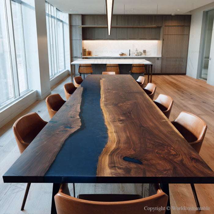 Handcrafted medium black walnut epoxy table with bright blue resin