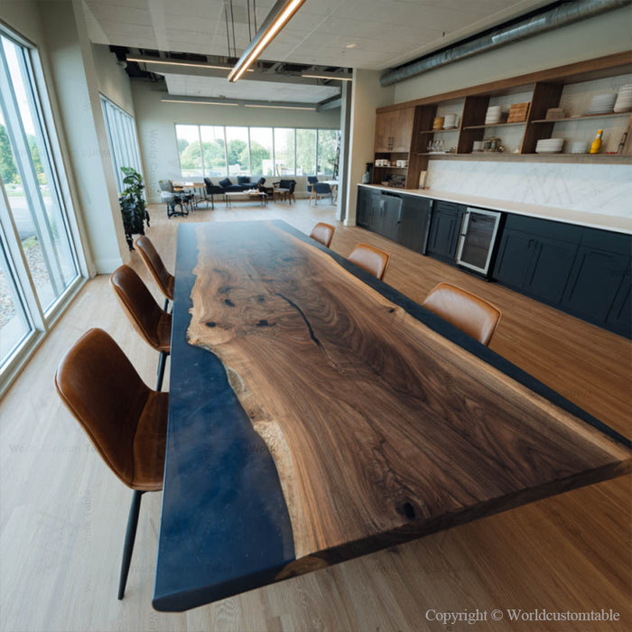 Medium black walnut blue epoxy conference table for studio or dining