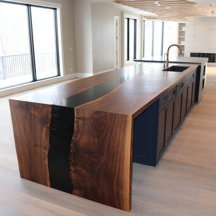 Handcrafted black walnut table with black resin river in living room