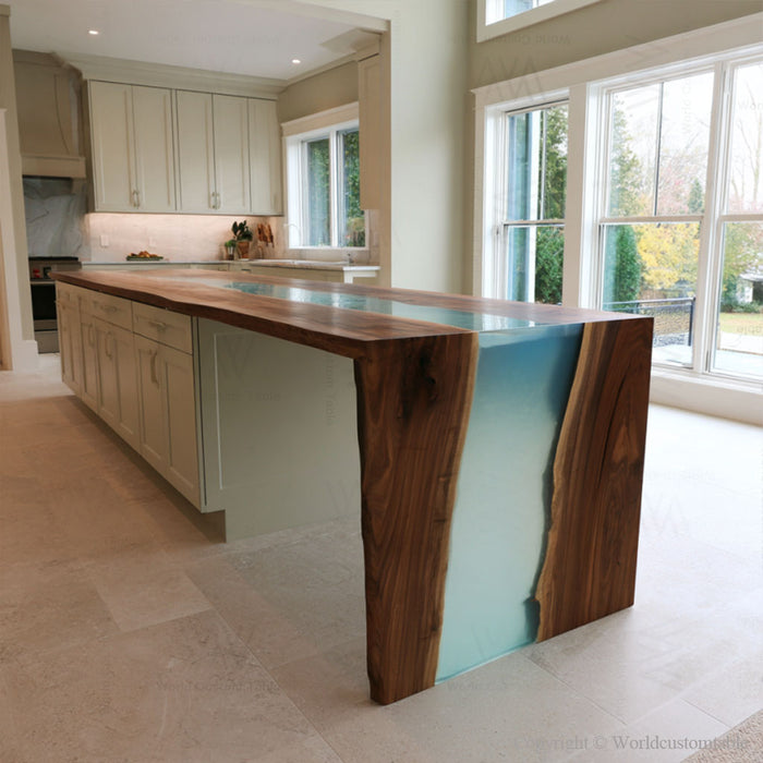 Handcrafted black walnut table with aqua resin river in living room
