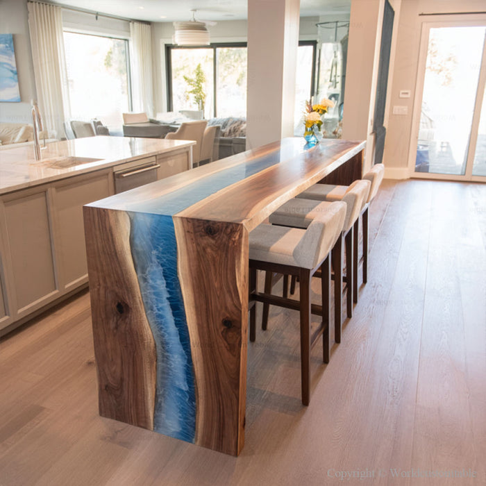 Glossy wave resin waterfall table in modern home interior