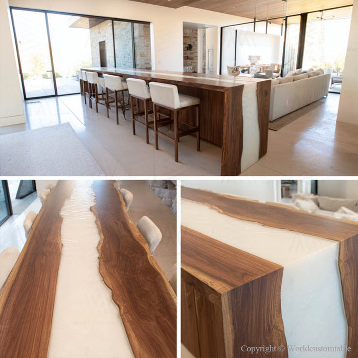 Artisan black walnut white epoxy table styled in luxury interior decor