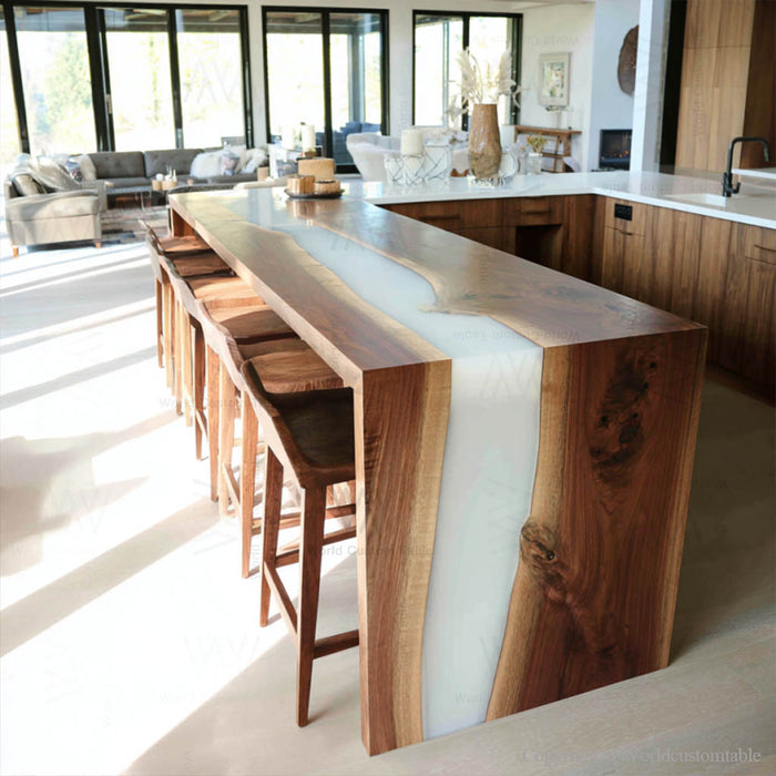 Handcrafted black walnut table with white resin river in living room