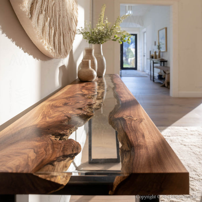 Close-up of black walnut wood and transparent epoxy detailing