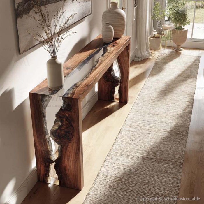 Close-up of black walnut wood grain and transparent epoxy waterfall detailing