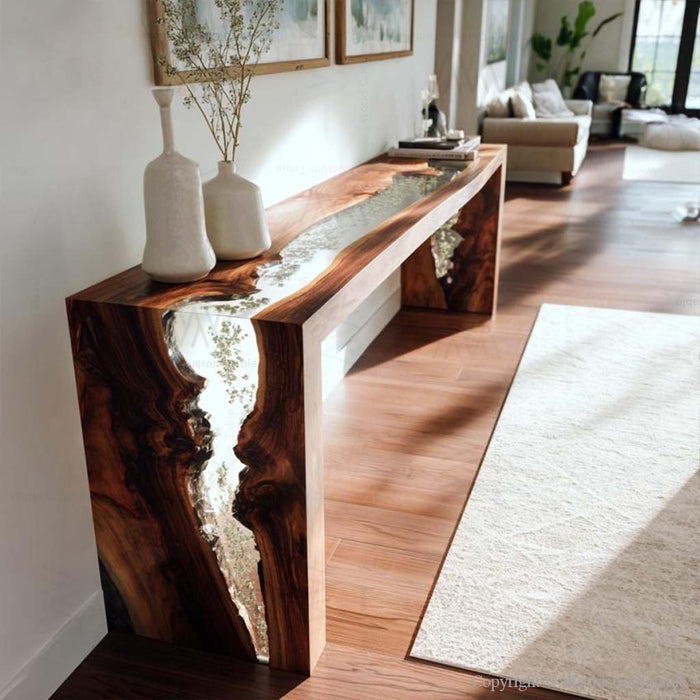 Black walnut waterfall epoxy console table decorated with vase and lamp