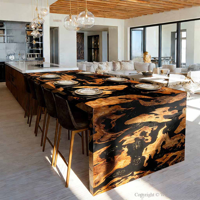 Burl wood black resin epoxy waterfall table in a luxury dining room