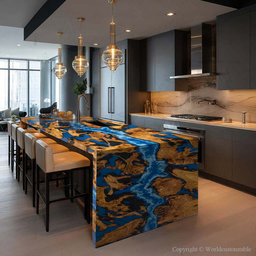 Front view of a blue epoxy waterfall table with live burl wood edges