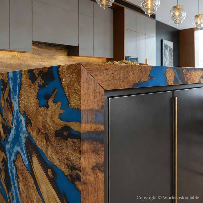Handmade epoxy waterfall table showcasing craftsmanship and live edge design