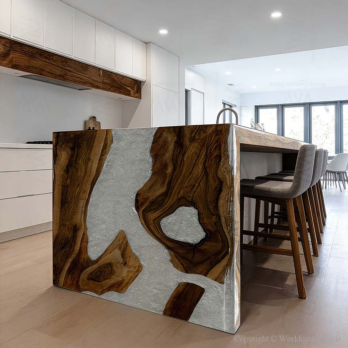 Handcrafted walnut epoxy waterfall table in coastal-inspired study