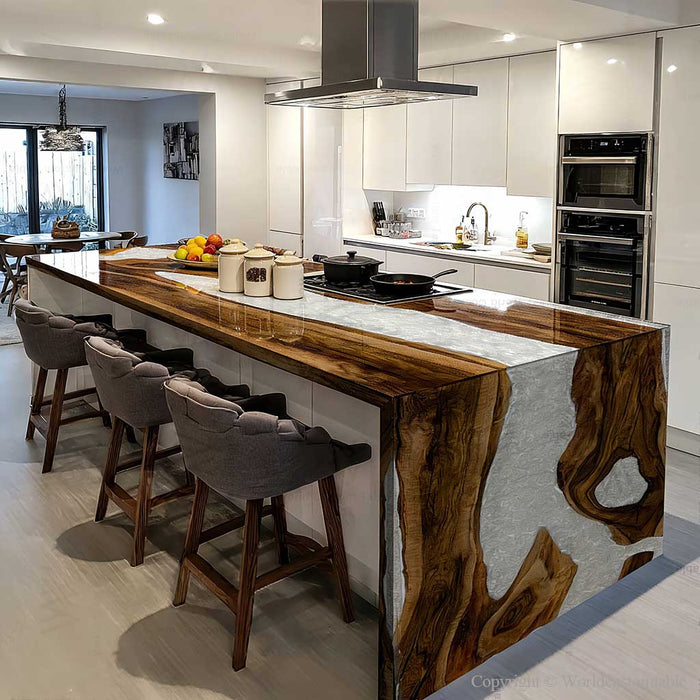 Luxury epoxy waterfall table in Japanese Zen living room