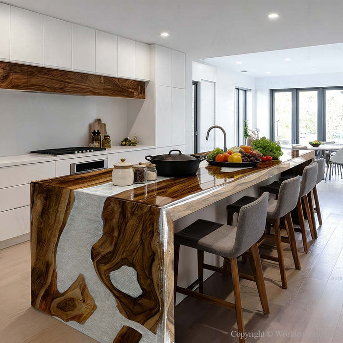 White resin epoxy waterfall table for modern minimalist office