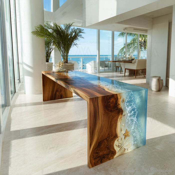 Blue wave epoxy waterfall table in upscale dining area