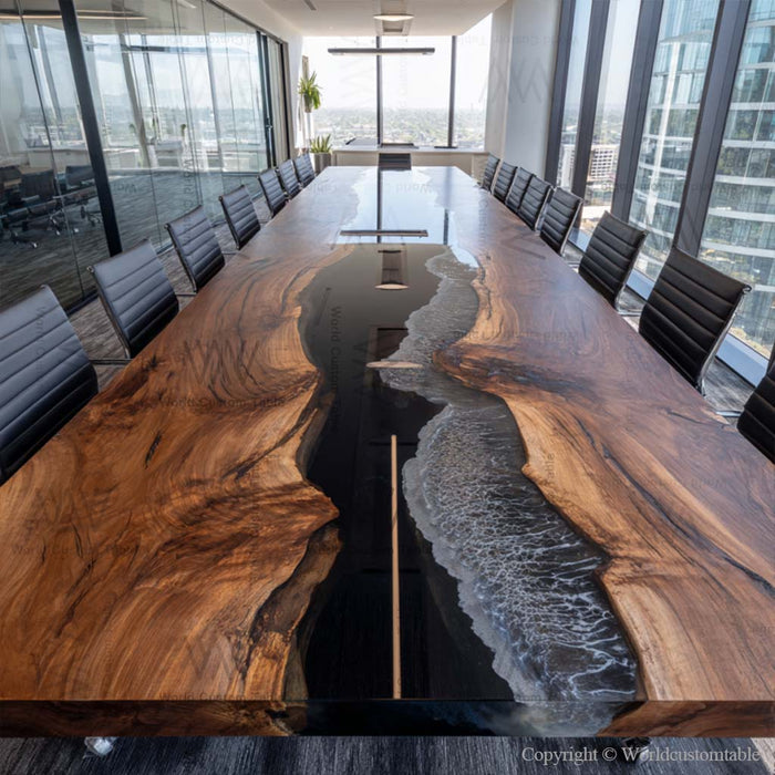 Extra large epoxy river table set in modern boardroom with chairs and décor