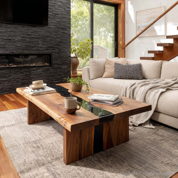Designer black resin and walnut epoxy coffee table in contemporary living space