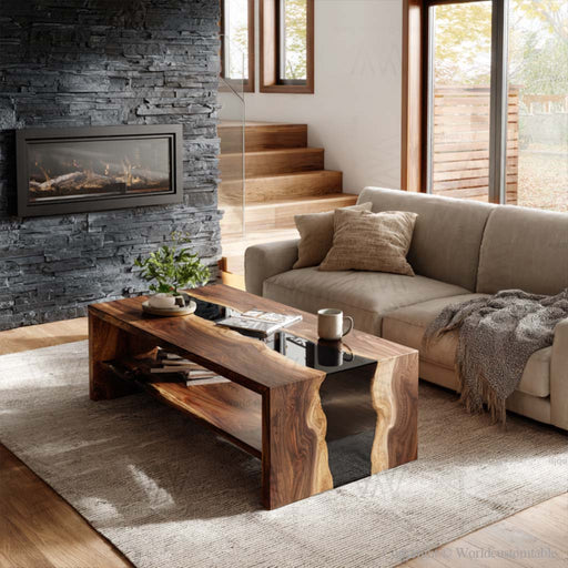 Modern epoxy waterfall coffee table in living room with sofa and rug