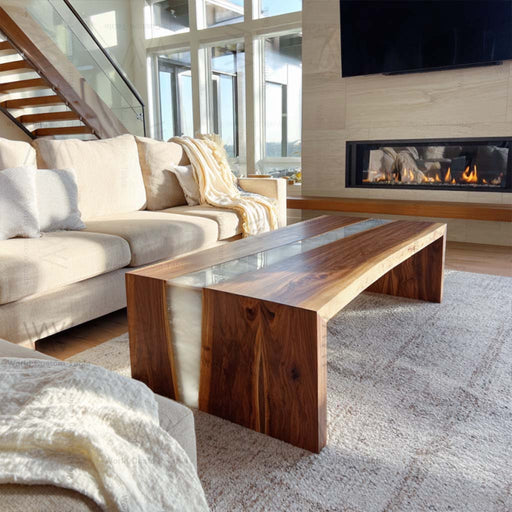 Handcrafted white resin epoxy coffee table next to modern sofa
