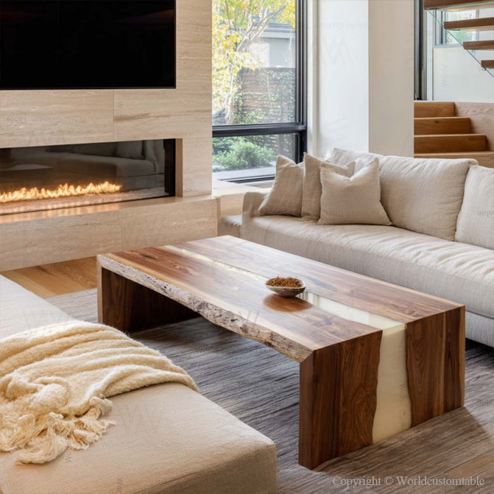 Natural walnut and white resin epoxy coffee table in lounge area