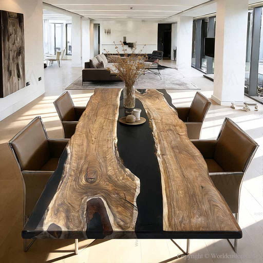 Luxury black walnut resin boardroom table with deep black epoxy river design.