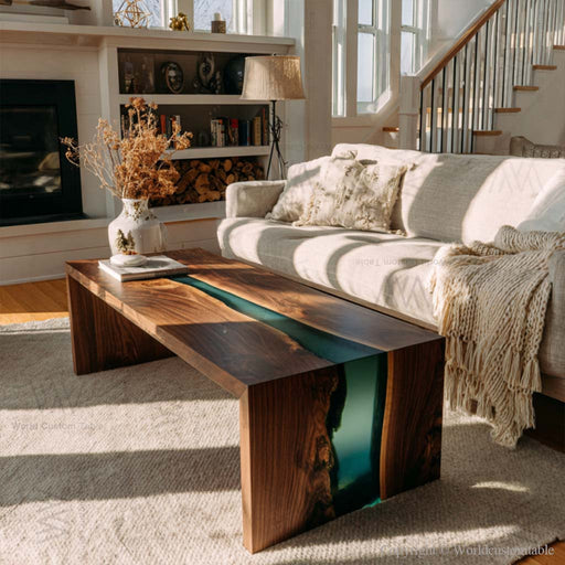 Blue-green resin coffee table with waterfall design on wooden slab