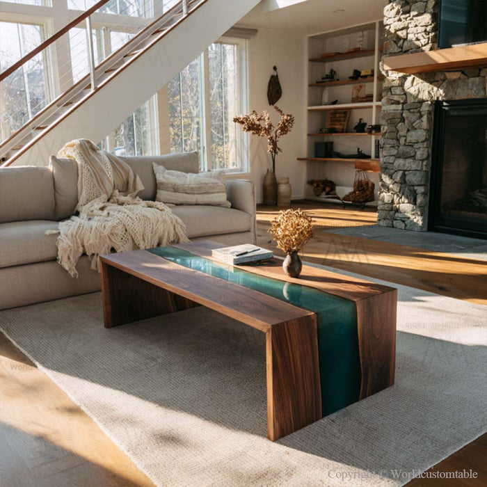 Handcrafted epoxy waterfall dining table in modern American home
